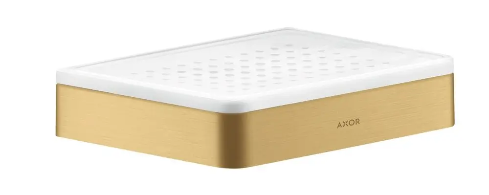 Seifenschale mit einer weißen Oberseite und einer brushed goldfarbenen Unterseite, gekennzeichnet mit dem Logo der Marke AXOR.